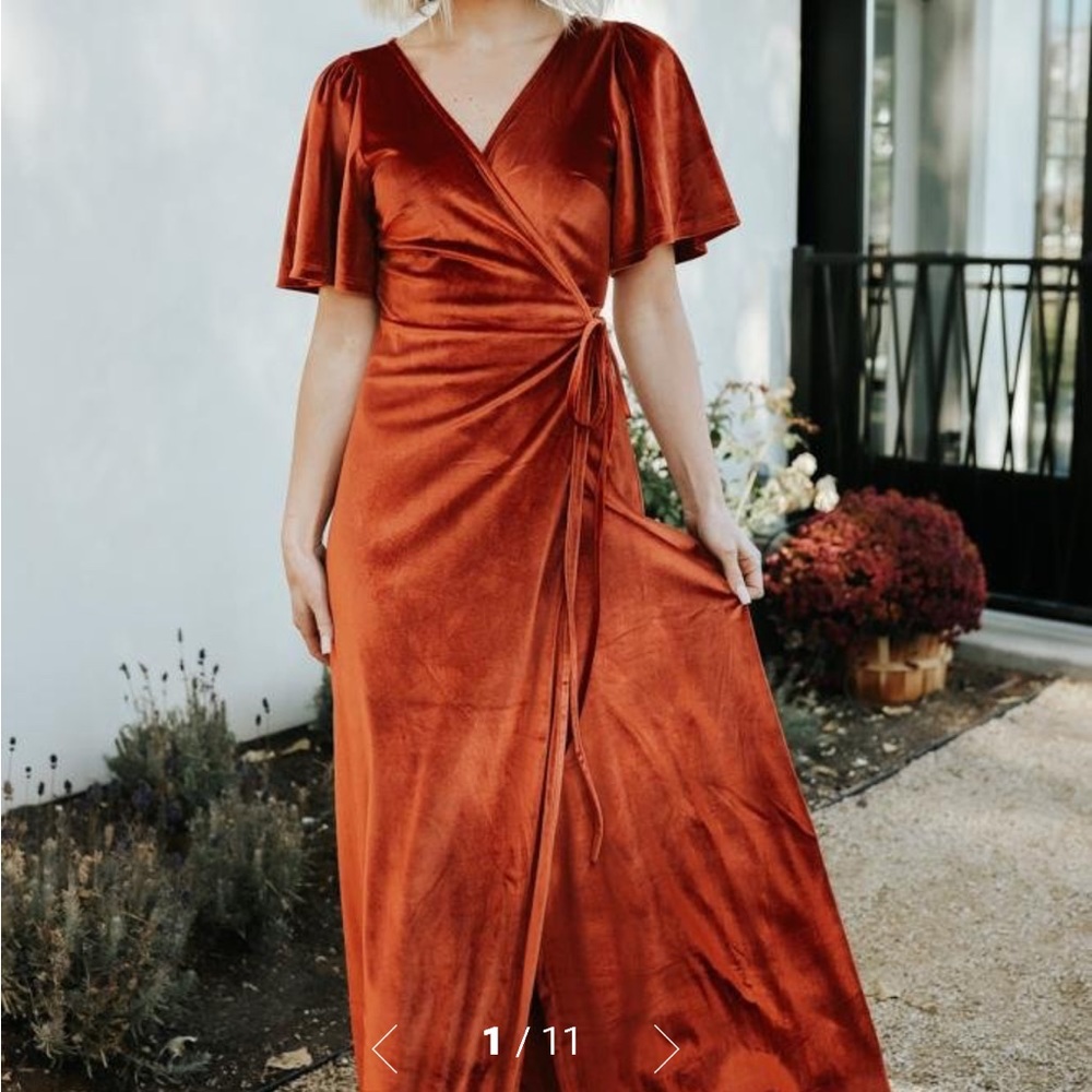 Rust colored.    Meghan Velvet Wrap Maxi Dress